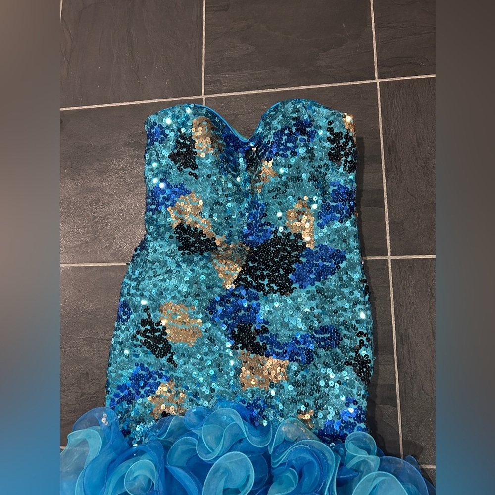 Blue Sequin Strapless Gown - Picture 4 of 8